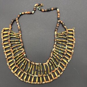 Vintage Egyptian faience clay & brass bead Cleopatra necklace